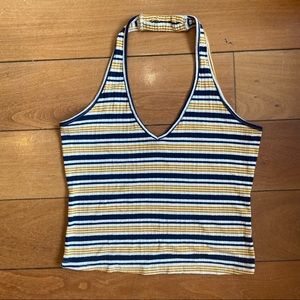 Blue and white striped halter crop top, size L
